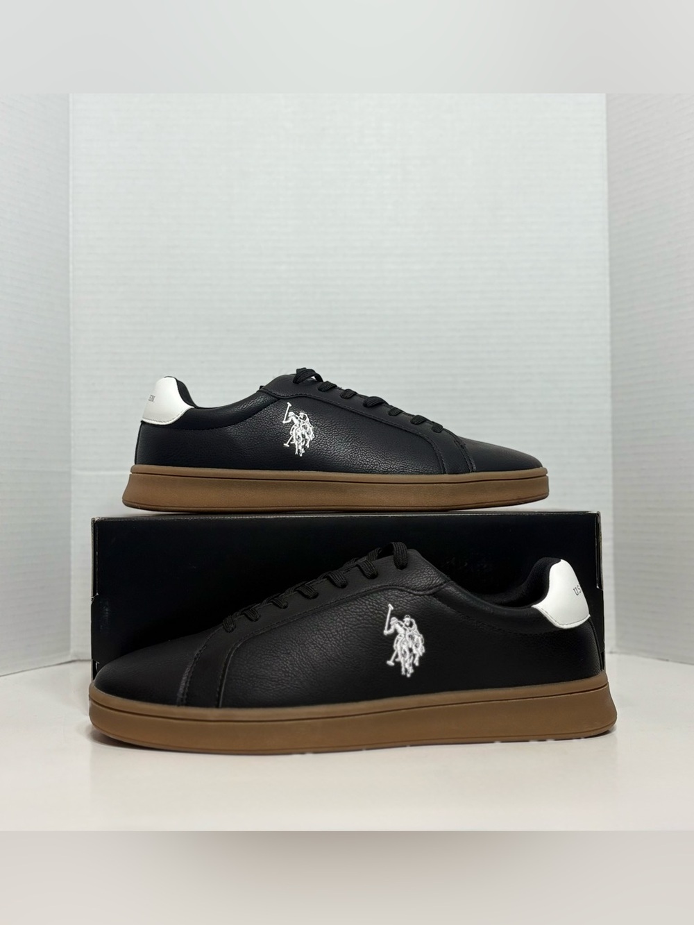 U.S. Polo Assn. Black Leather Sneakers with Brown Sole and White Heel